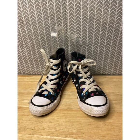 Converse Chuck Taylor Black High Tops with multicolored hearts - Picture 3 of 11